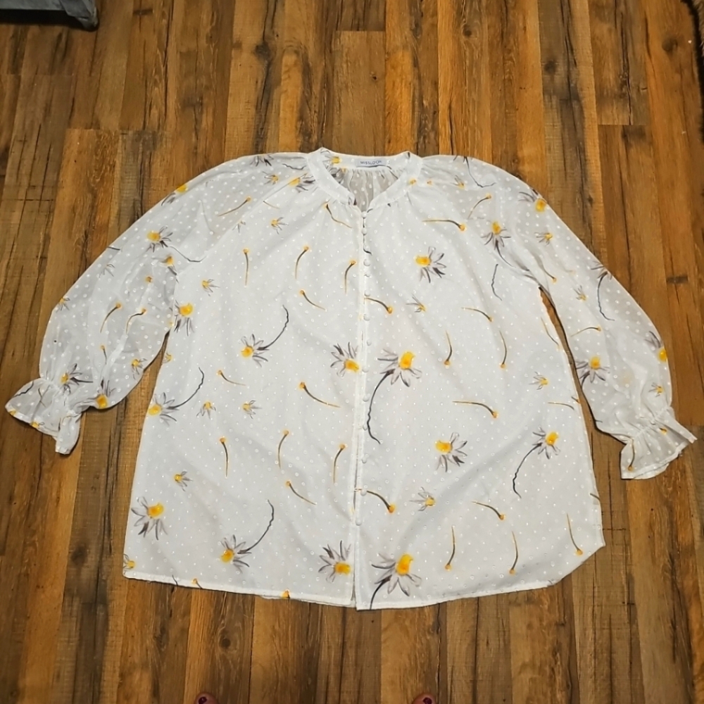 MissLook Floral Button Up Shirt Ruffle Sleeves Sheer Arms Size XL